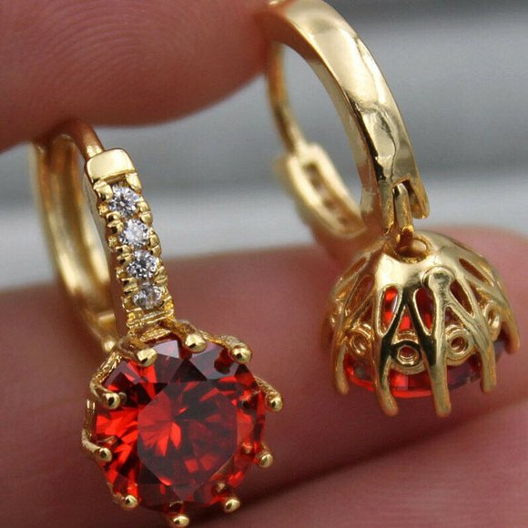 18K Gold Filled Hoop Round Red Ruby Topaz Gems CZ - Picture 6 of 6